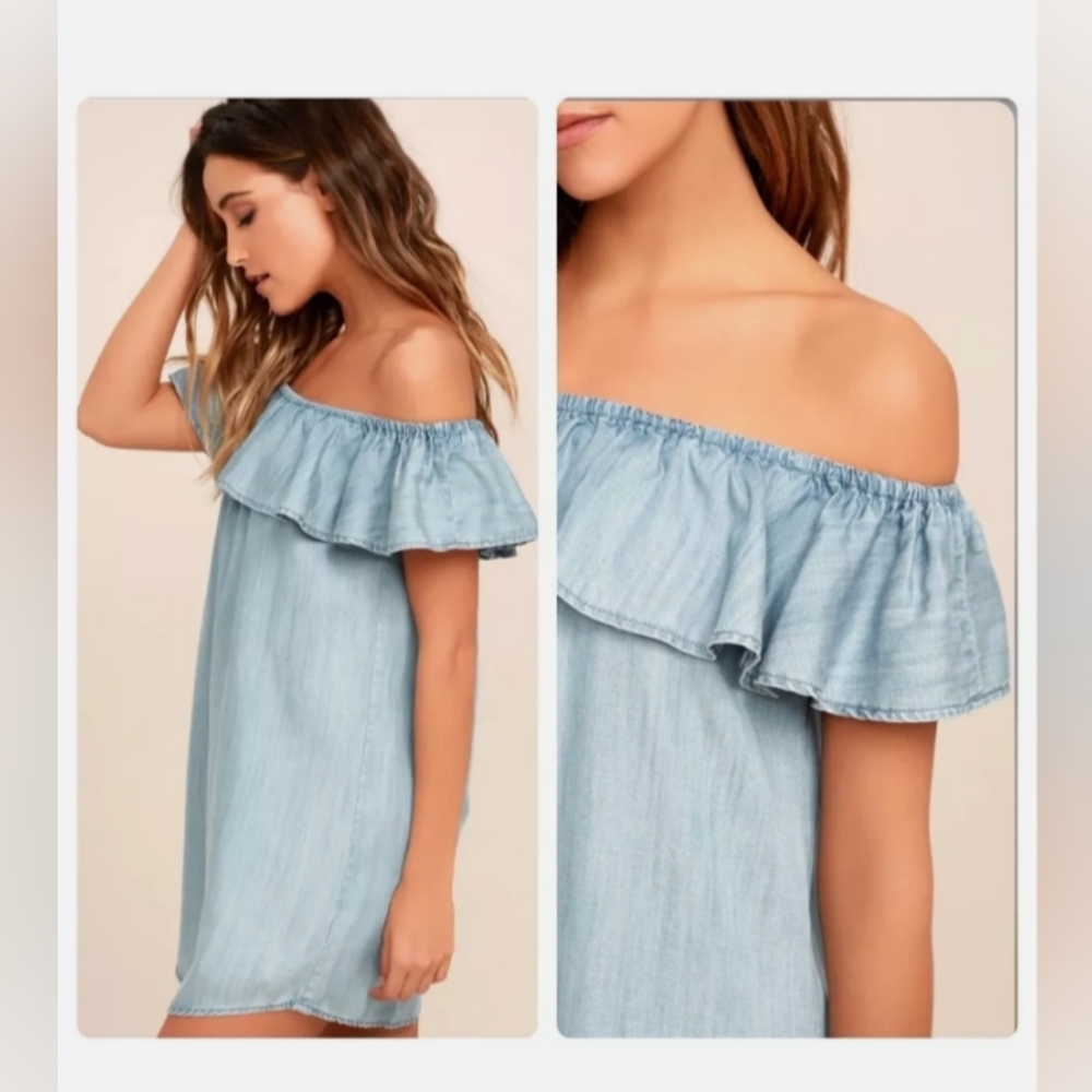 Lulus Standout Chambray Off Shoulder Ruffle Mini Dress Blue Lyocell Medium - Picture 4 of 11